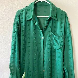 Dark Green Button Up Swiss Dot Blouse